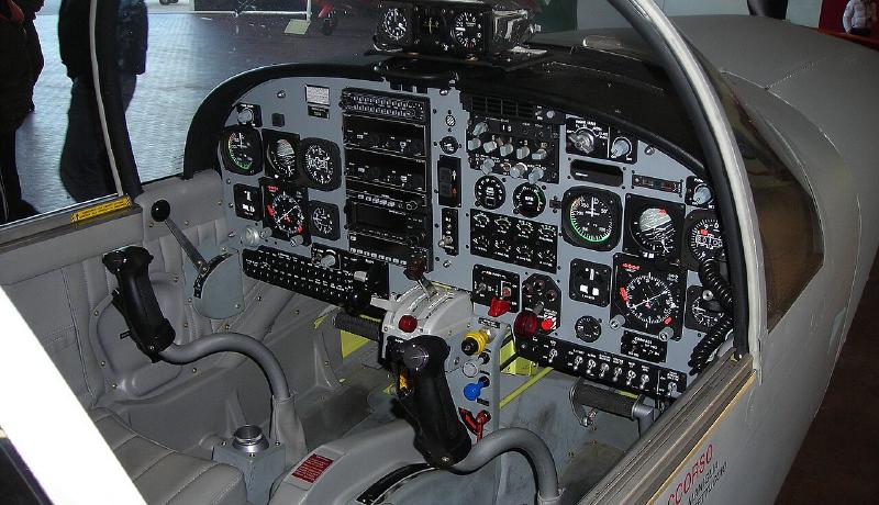Trainer aircraft cockpit with control stick and gauges